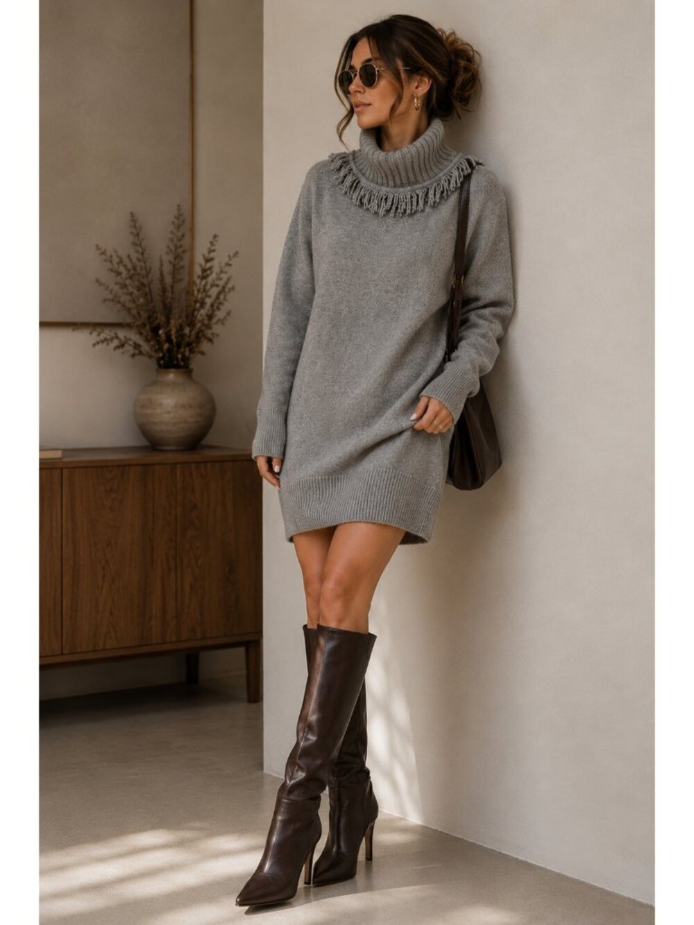 Sofia Cashmere 100% Cashmere Gray Fringe Turtleneck Tunic Sweater Size M